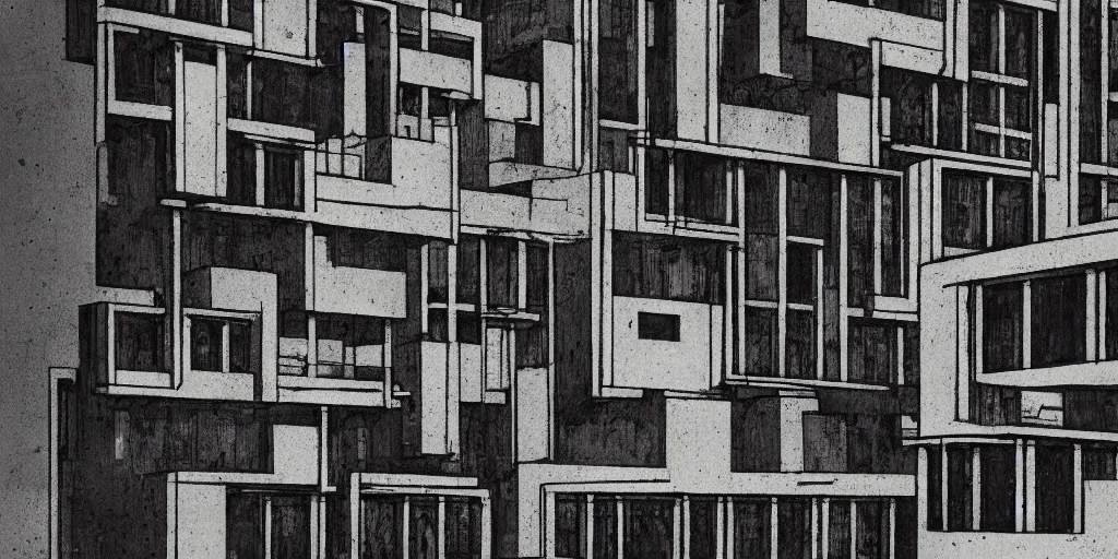 Image similar to brutalist building facing. yugoslavia, le corbusier, central symmetry, golden ratio, black and white color scheme, etching render