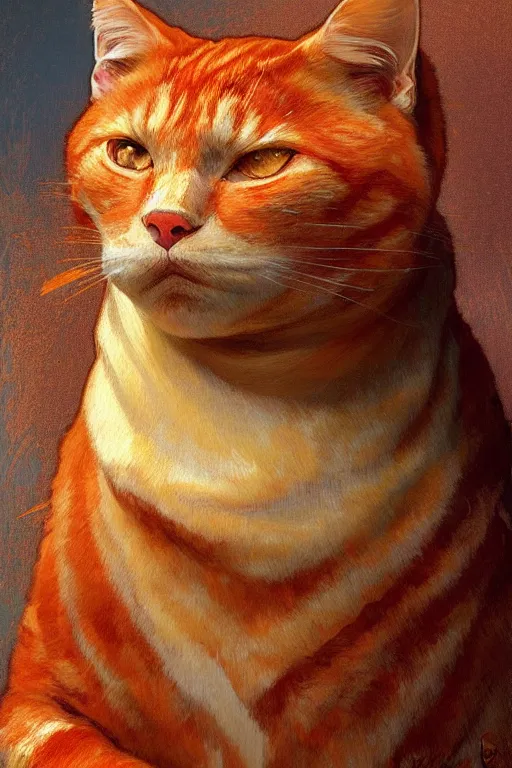 Image similar to painted portrait of rugged fat orange cat, masculine, powerful, handsome, upper body, white robe, fantasy, intricate, elegant, highly detailed, digital painting, artstation, concept art, smooth, sharp focus, illustration, art by gaston bussiere and alphonse mucha