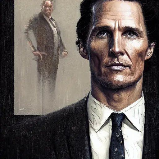 Image similar to portrait of a man by greg rutkowski, matthew mcconaughey as a ceo of weyland - yutani aliens franchise, he is about 5 0 years old, wearing futuristic office suit, highly detailed portrait, digital painting, artstation, concept art, smooth, sharp foccus ilustration, artstation hq
