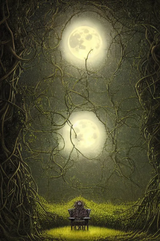 Image similar to a beautiful digital illustration painting of a detailed gothic fantasy full moon and roots, throne seat and vines by by benoit b. mandelbrot, steven belledin, martin johnson heade, lee madgwick, caspar david friedrich, and david rios ferreira. 8 k resolution trending on artstation concept art digital illustration