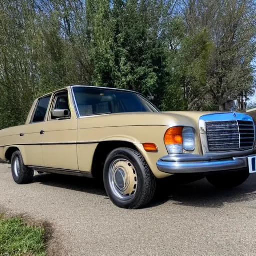 Prompt: a 1971 beige mercedes 508d truck that has been converted into an rv