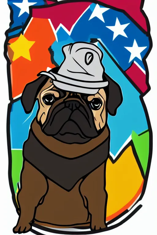 Image similar to Pug as war criminal, sticker, colorful, illustration, highly detailed, simple, smooth and clean vector curves, no jagged lines, vector art, smooth