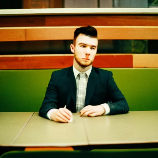 Image similar to A young man in a suit sits at a table on a martial green flannel, bokeh, cinestill