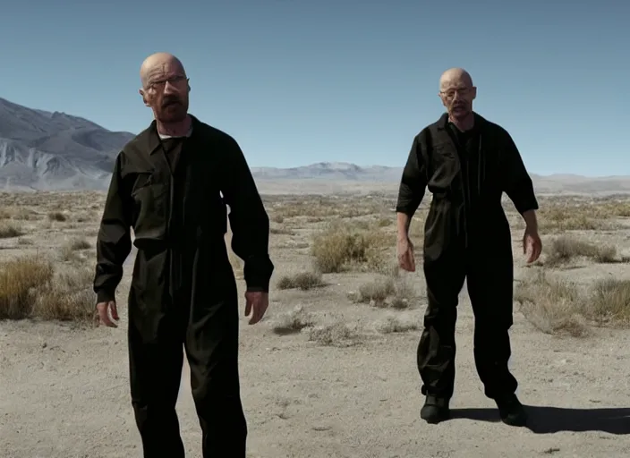 Image similar to film still of Walter White as Gordan Freeman wearing Black Mesa Jumpsuit in the Half Life Movie, 4k