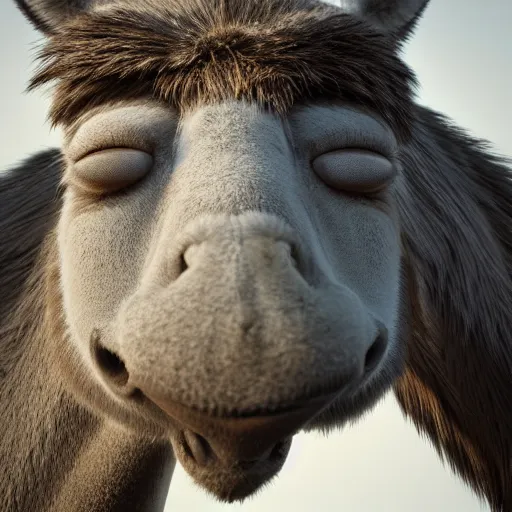 Image similar to hyperrealistic dslr film still of funny donkey smiling, stunning 8 k octane comprehensive 3 d render, inspired by istvan sandorfi & greg rutkowski & unreal engine, perfect symmetry, dim volumetric cinematic lighting, extremely hyper - detailed, extremely lifelike attributes & lifelike texture, intricate, masterpiece, artstation, stunning