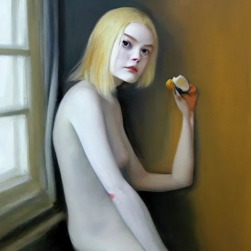 Prompt: Painting of Elle Fanning in Silent Hill, long blonde hair, delicate, pale milky white porcelain skin, by Edward Hopper. 8K. Extremely detailed.