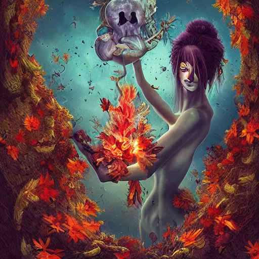 Image similar to Hell and heaven, captured in bottles, a heart full of envy, The Autumn Plague Gardener, Some cosmic angels, digital painting, its softness partakes of fluidity, illustration, deep dark, artstation, intricate, biodiversity in a world of change and constancy, ue5, by deiv calviz and bossmonsterbani