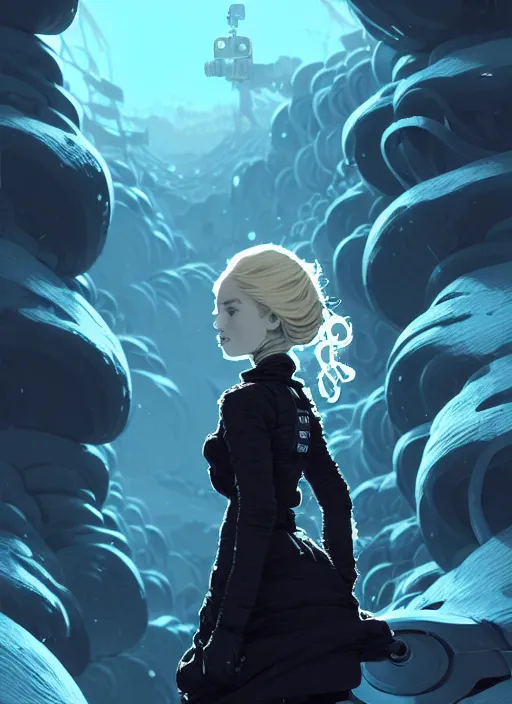 Image similar to highly detailed portrait of an angry frostpunk long blonde hair lady with robotic companion, stray wiring by atey ghailan, james gilleard, by joe fenton, by greg rutkowski, by greg tocchini, by kaethe butcher, 4 k resolution, gradient blue, black and white color scheme!!! ( ( glacier cave background ) )