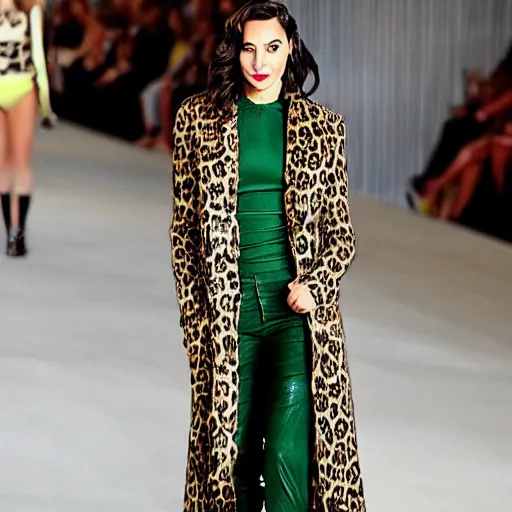 Prompt: Gal Gadot on the runway modeling a Long Leopard Coat with black leather spikes and green lace, photographed in the style of Mario Testino