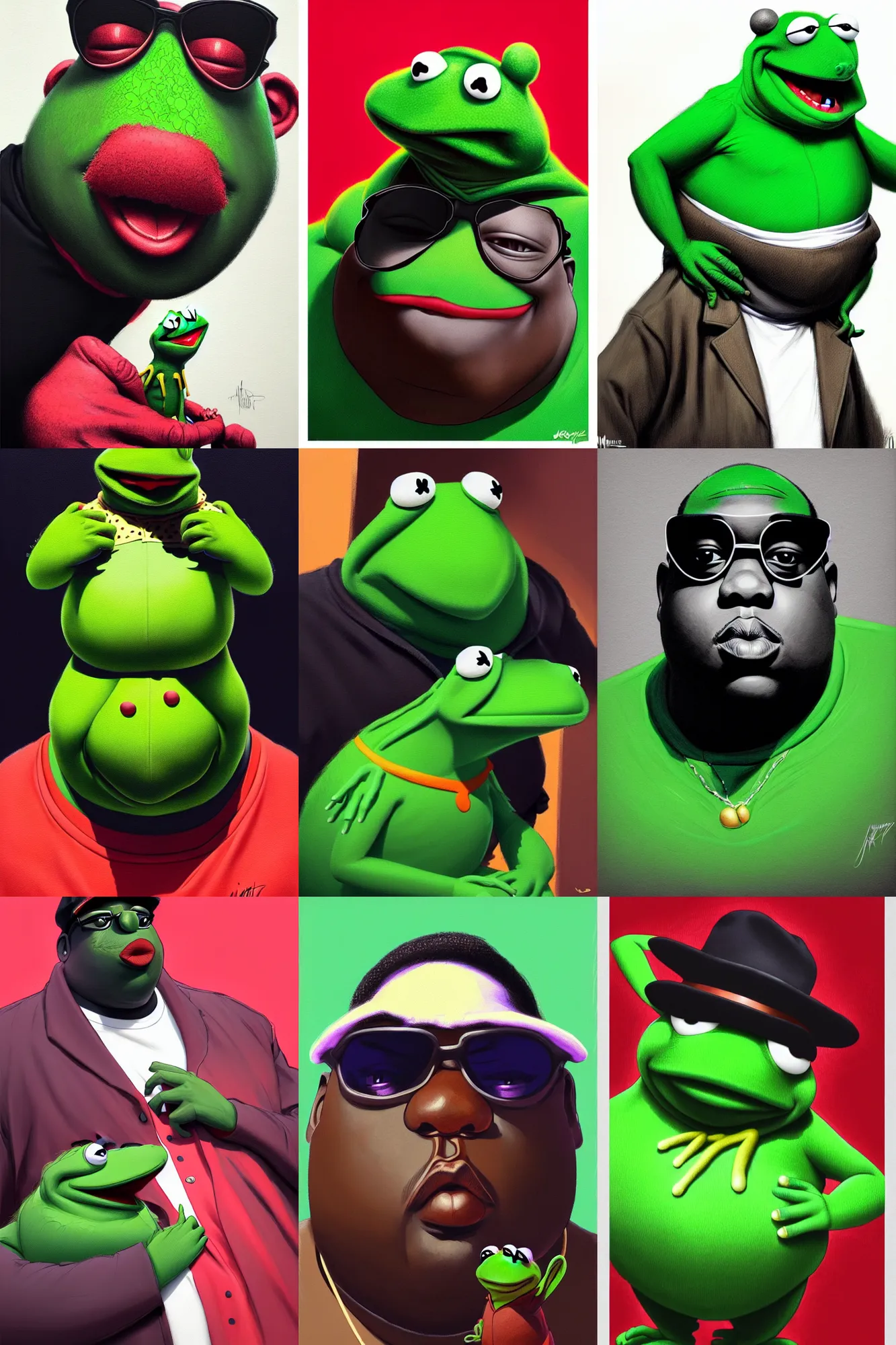 Prompt: the notorious b. i. g. as kermit the frog, animation pixar style, shaded lighting poster by magali villeneuve, artgerm, jeremy lipkin and michael garmash, rob rey and kentaro miura style, trending on art station