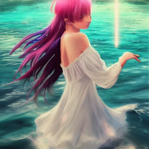 Prompt: SFW version, stunning beauty anime, advanced digital art, painting, WLOP, pixivs, Sakimichan, RossDraws, girl with rainbow hair dancing in the middle of a lake wearing a white dress. —H 2048