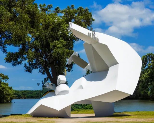 Image similar to photo of white minimalist abstract cubist sculpture of curvy spaceship with random small mecha mayan decorations, covered with few large white airplane parts with windows and doors, gigantic size, sunset lighting by a lake, the sculpture is reflected on the water