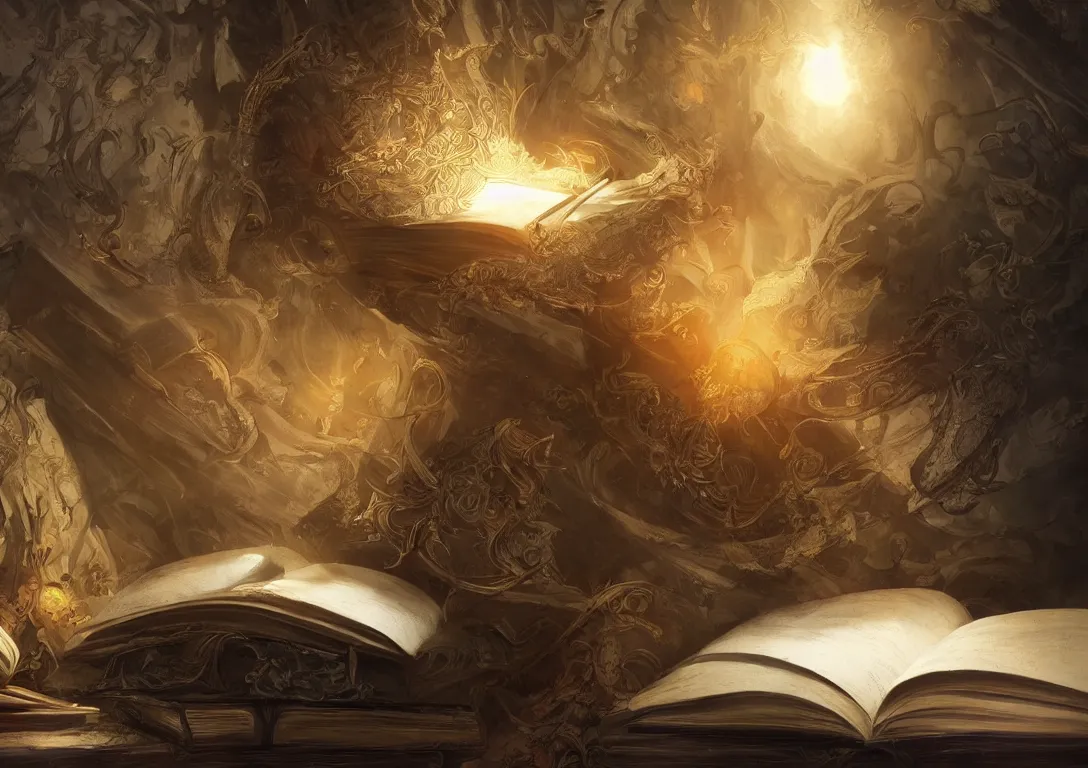 Prompt: a painting of a magical book laying open on a desk, fantasy concept art, golden hour, cinematic lighting, highly detailed