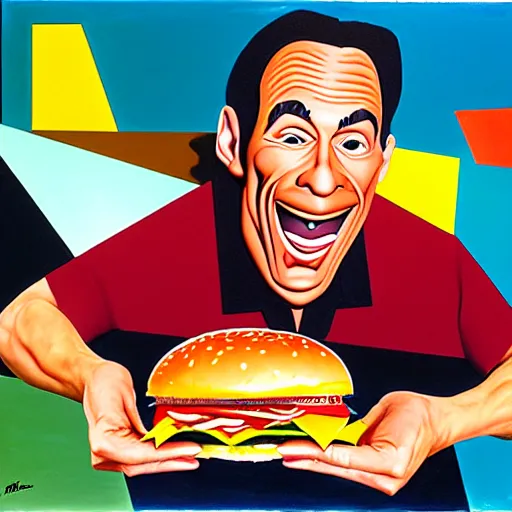 Prompt: portrait of ernest p. worrell eating a giant hamburger. cubist painting, oil on canvas