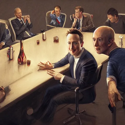 Prompt: portrait of elon musk, mark zuckerberg, jeff bezos, in meeting together, same table, very detailed, art contest winner on behance, trendy on deviant art, by by artgem, greg rutkowski