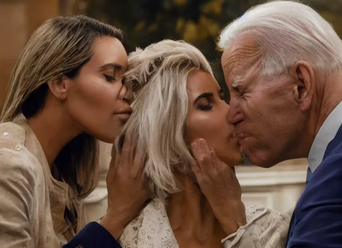 Image similar to film still of kim kardashian being kissed to sleep by joe biden, 8 k