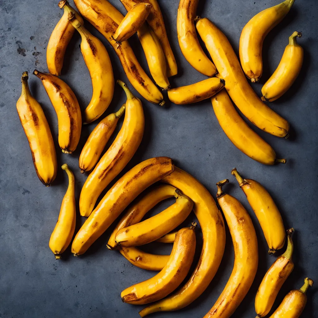 Image similar to long ripe bananas with orange skin, closeup, hyper real, food photography, high quality