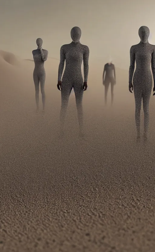 Prompt: closeup of people in futuristic gray body suits in the desert, on the horizon a giant sandstorm, dystopic, dust, intricate, highly detailed, photorealistic