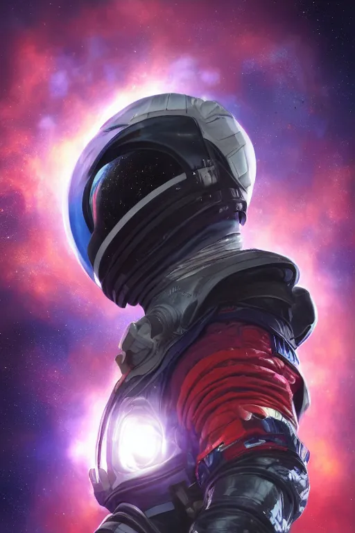 Image similar to cinematic action shot of a handsome african-american man in an advanced spacesuit floating in front of exploding nebulae halos, digital illustration trending on artstation by artgerm and rutkowski