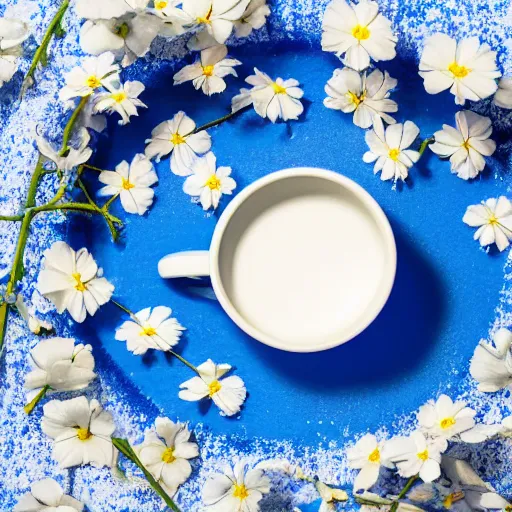 Image similar to clay mug on a white surface surrounded by a plethora of blue and white flowers, bright white realistic, up close shot, white background, zen, light, modern minimalist f 2 0