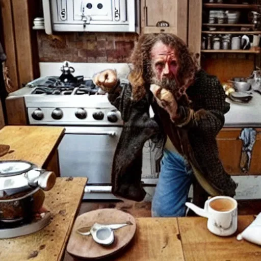 Image similar to british magical hobo breaks into some ork's kitchen and attacks them