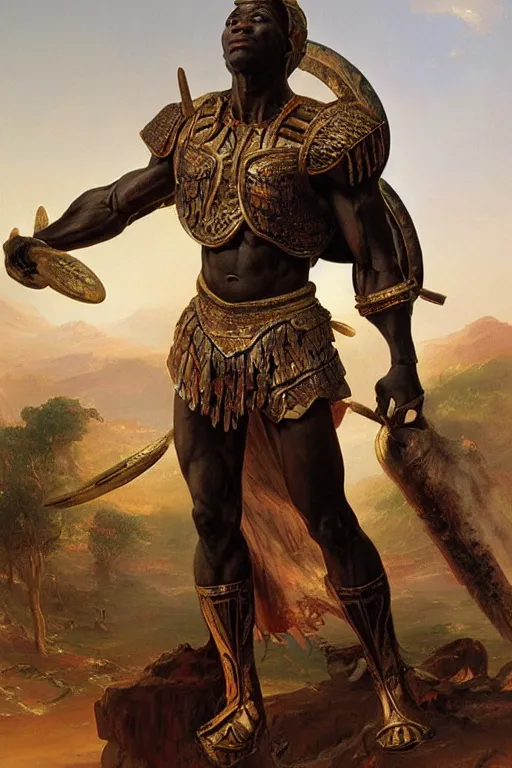 Image similar to a powerful and muscular male african warrior, ornate armour, realistic oil painting by Thomas Cole and Wayne Barlowe
