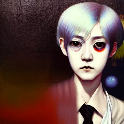 Image similar to yoshitaka amano blurred and dreamy realistic three quarter angle portrait of a young woman with white hair and black eyes wearing dress suit with tie, junji ito abstract patterns in the background, satoshi kon anime, chungking express color palette, noisy film grain effect, highly detailed, renaissance oil painting, weird portrait angle, blurred lost edges