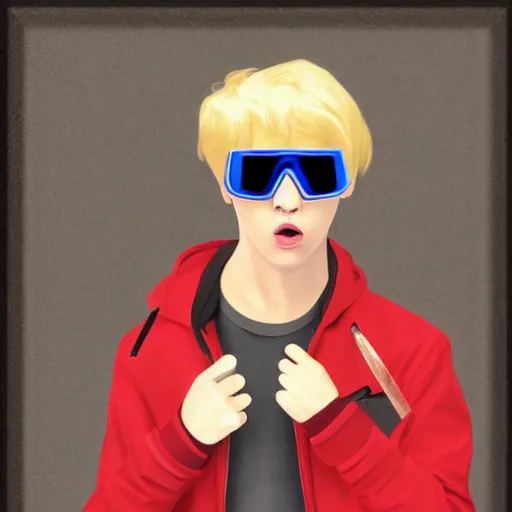 Image similar to a blonde teenager, goggles, red jacket, knife in his mouth, knife in right hand, knife in his left hand, photorealistic, hd, high details, detailed portrait