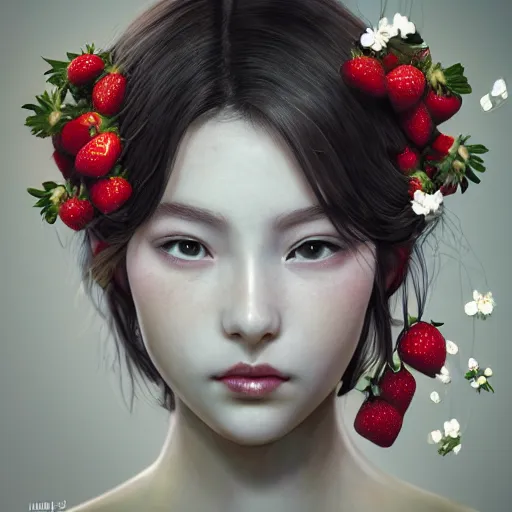 Image similar to the portrait of an absurdly beautiful, graceful, elegant, sophisticated, fashionable young gravure idol made of strawberries and white petals, an ultrafine hyperdetailed illustration by kim jung gi, irakli nadar, intricate linework, bright colors, octopath traveler, final fantasy, unreal engine 5 highly rendered, global illumination, radiant light, detailed and intricate environment