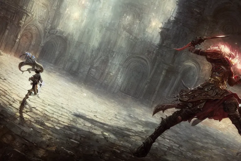 Prompt: a man tripping over a sword in an arena, fantasy, digital art, tone mapping, akihiko yoshida, james jean andrei riabovitchev marc simonetti, yoshitaka amano, greg rutkowski