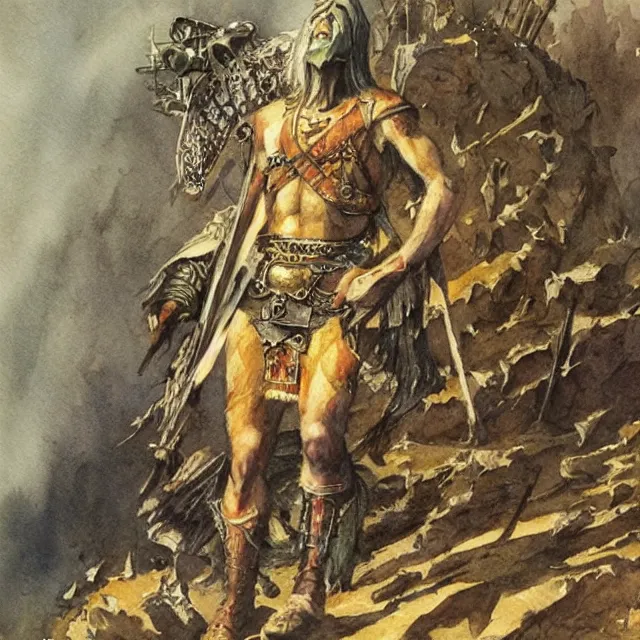 Image similar to “Warrior at the End of Time, a watercolour illustration by John Blanche”