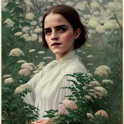 Image similar to full body fashion model emma watson by Jeremy Lipking by Hasui Kawase by Richard Schmid (((smokey eyes makeup eye shadow fantasy, glow, shimmer as victorian woman in a long white frilly lace dress and a large white hat having tea in a sunroom filled with flowers, roses and lush fern flowers ,intricate, night, highly detailed, dramatic lighting))) , high quality