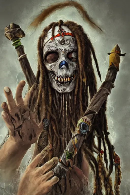 Image similar to a photorealistic of horror shaman with dreadlocks in sacrament of death and destruction