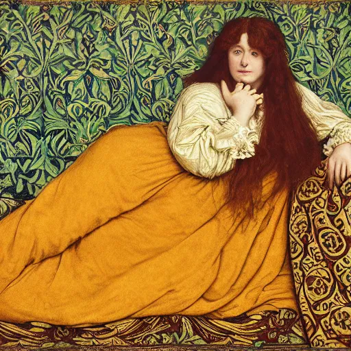 Prompt: preraphaelite photography reclining on bed, large eyes and nose and lips, big brown fringe, yellow ochre ornate medieval dress, william morris, 4 k