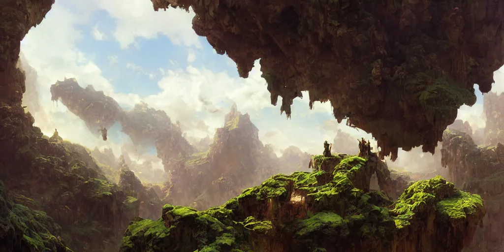 Image similar to huge cave ceiling clouds made of green earth towns, industry, steampunk villages castles, buildings inverted upsidedown mountain artstation illustration sharp focus sunlit vista painted by ruan jia raymond swanland lawrence alma tadema zdzislaw beksinski norman rockwell tom lovell alex malveda greg staples