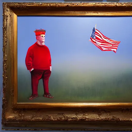 Prompt: oil on canvas portrayal of hypernormalization in America, surreal