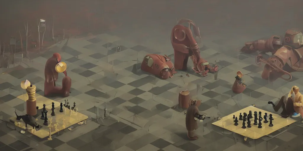 Image similar to two chess players by Simon Stalenhag and Goro Fujita, 8k, trending on artstation, hyper detailed, cinematic