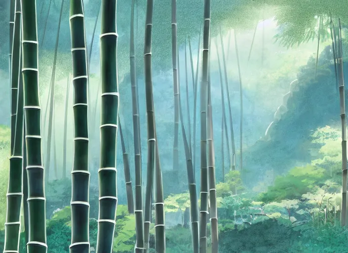 Prompt: misty japanese bamboo forest, cell shaded, lake, waterfall!!!!!, large rocky mountain, rule of thirds, sunny, cartoony, drawing, stylized anime, sun rays, soft, by hayao miyazaki, ghibli studio, makoto shinkai, toei animation, studio trigger, trending on artstation, 4 k, hd