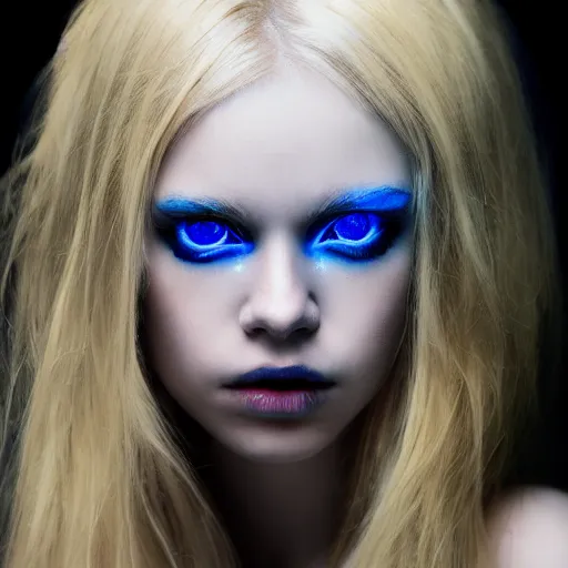 Image similar to A gorgeous blonde with glowing blue eyes, in love, grungy, unkept hair, glowing eyes, modelsociety, radiant skin, huge anime eyes, RTX on, bright on black, dramatic, studio lighting, perfect face, intricate, Sony a7R IV, symmetric balance, polarizing filter, Photolab, Lightroom, 4K, Dolby Vision, Photography Award