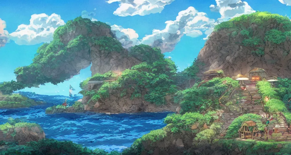 Image similar to a turtle island , fantasy painting by Studio Ghibli,trending on artstation