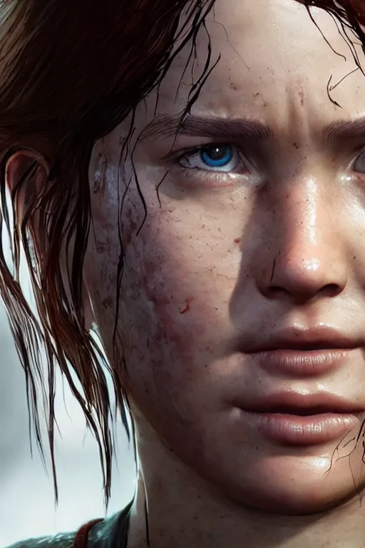 Image similar to ultra realistic facial portrait of ellie from the last of us part 2, digital art, character portrait, highly detailed, trending on artstation, lens flare, atmosphere, hyper realistic, cinematic lightning, sharp focus, unreal engine 5, extreme details perfect face, pretty face, fine - face, illustration, 8 k, ultra texture, masterpiece