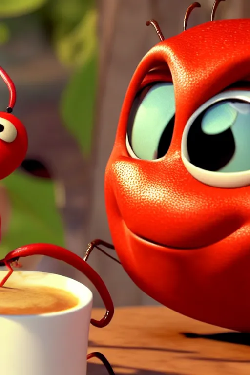 Image similar to a red ladybug with big eyes on side of a cup of coffee and a suggar pot at picnic. full body, pixar disney 4 k 3 d render movie oscar winning trending on artstation and behance. ratatouille style.