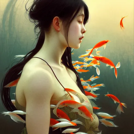 Image similar to Portrait of a girl surrounded by Koi fish, face, fantasy, intricate, elegant, highly detailed, digital painting, artstation, concept art, smooth, sharp focus, illustration, art by Dapeng song and Artem Demura and alphonse mucha