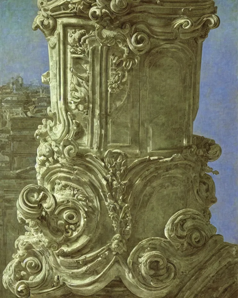 Image similar to achingly beautiful painting of intricate ancient roman corinthian capital on jade background by rene magritte, monet, and turner. giovanni battista piranesi.