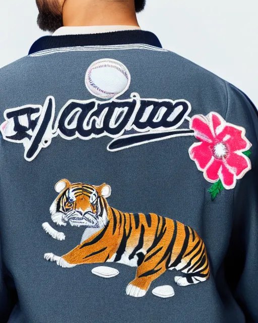 Prompt: photo back of a man wearing baseball jacket with a big japanese tiger and flowers embrodery, dark hangar background, centered, studio lighting, 1 5 0 mm