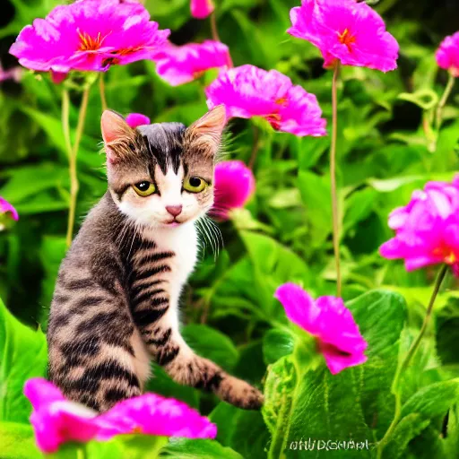 Image similar to a professional photograph of a tiny cat climbing a giant flower, high quality, highly detailed, cute, HD, 8K