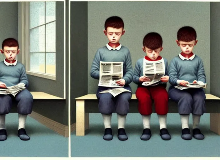 Image similar to a very boring day in school, kids wearing identical clothes reading newspapers, painting by quint buchholz and ray caesar, muted colors, gray, dull, boring, low energy, pale blue faces, very detailed