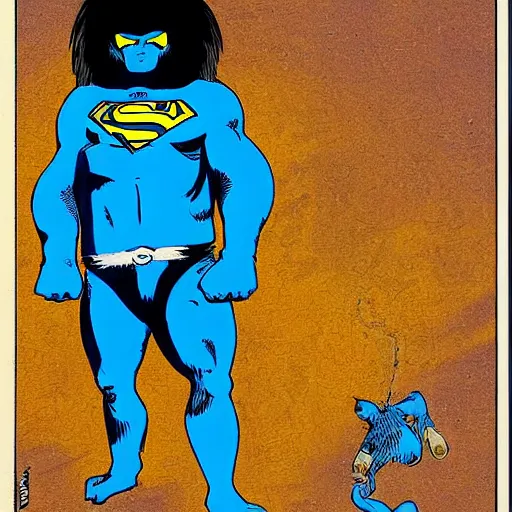 Image similar to a skunk that is blue and is also giant and a super hero by richard corben style