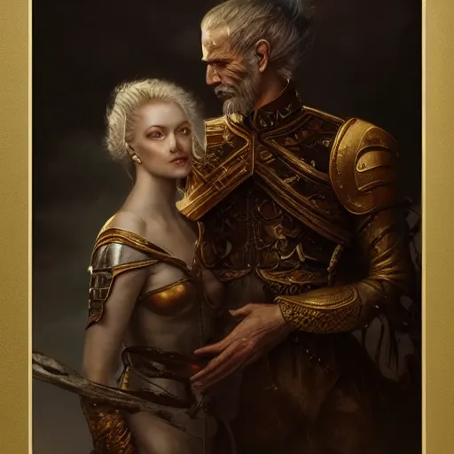 Image similar to a beautiful ultradetailed fine art old vintage warrior, by tom bagshaw and zach sutton, couples portrait, vignette, 3 5 mm lens, golden ratio composition, studio photography, very detailed, humanoids, artstation, 8 k, highly coherent