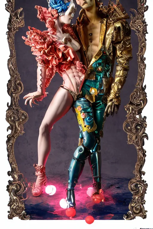 Image similar to full-body rococo and cyberpunk style sculpture of a young handsome Spanish prince half android with a chest exposing a glowing orange gem wearing high heel red boots, glowing pink laser eyes, crown of blue gears and giant diamonds, swirling salmon-colored silk fabric, robotic raptors dinosaurs. baroque elements. full-length view. intricate artwork by caravaggio. Trending on artstation, octane render, cinematic lighting from the right, hyper realism, octane render, 8k, depth of field, 3D